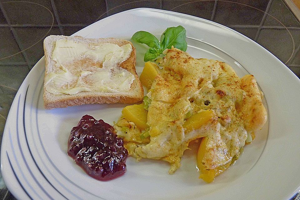 Roros herzhaftes Pfirsichpfännchen - mit Käse überbacken