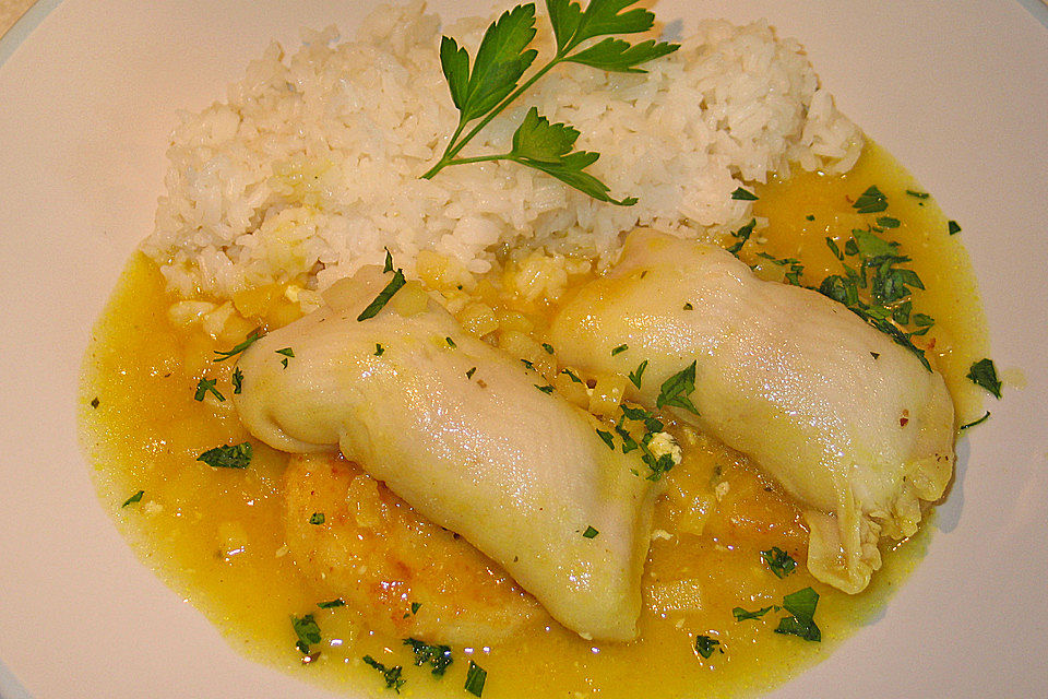 Fischröllchen mit Apfelscheiben und Currysauce