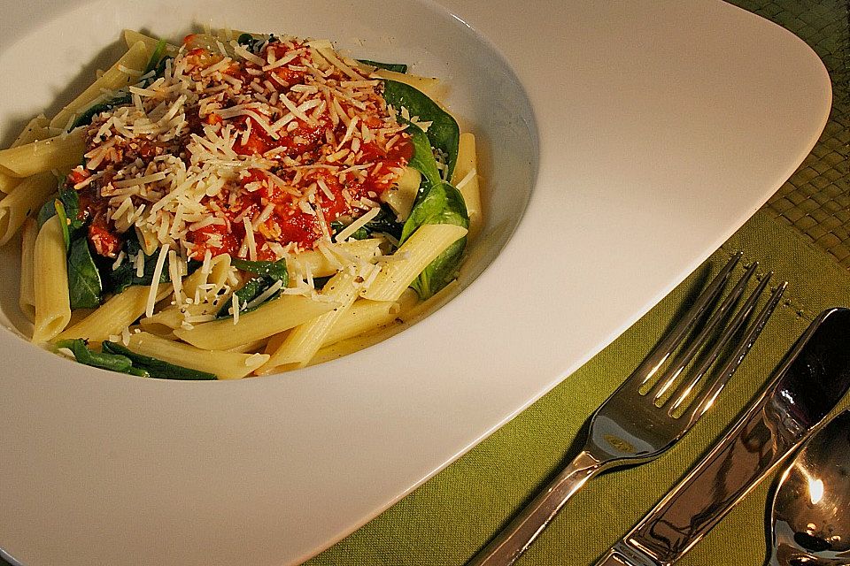 Pasta mit Spinat, Bacon und Tomaten