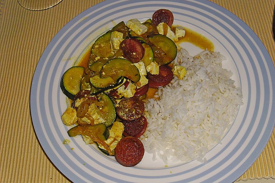 Griechische Zucchinipfanne mit  Bratwurst