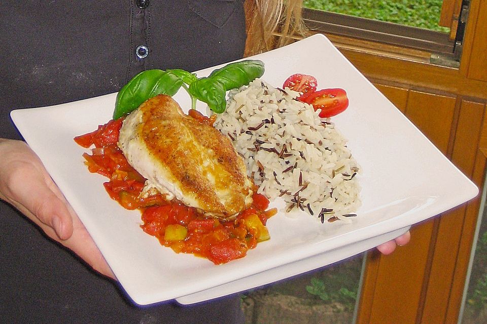 Hähnchenbrust im Parmesanmantel auf Tomatensugo mit Wildreis