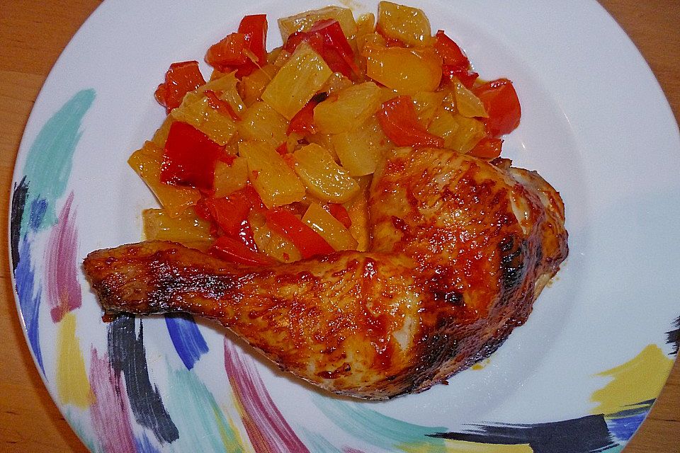 Hähnchenkeulen auf Paprika und Ananas