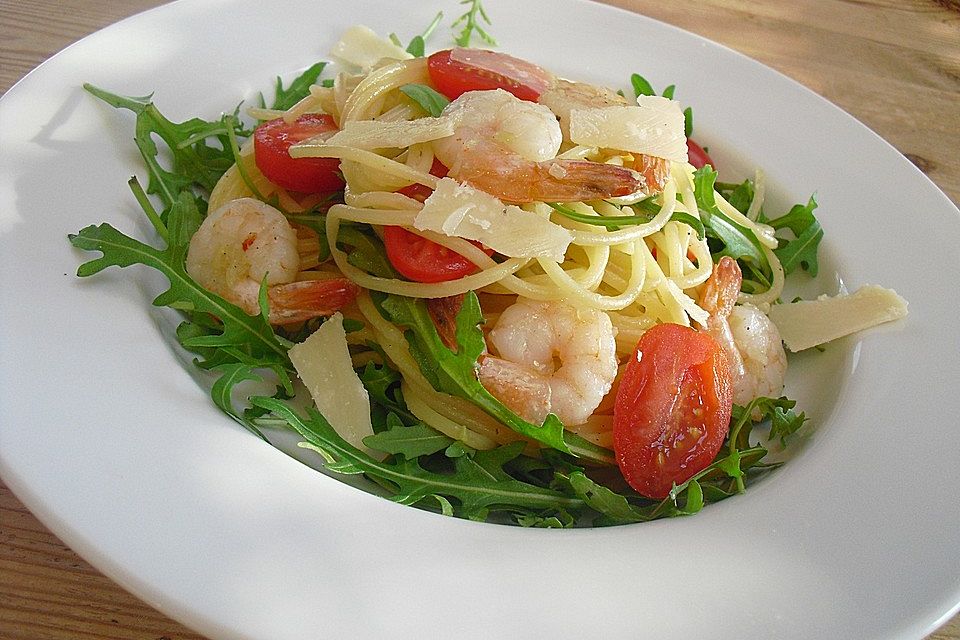 Spagetti mit Shrimps und Rucola