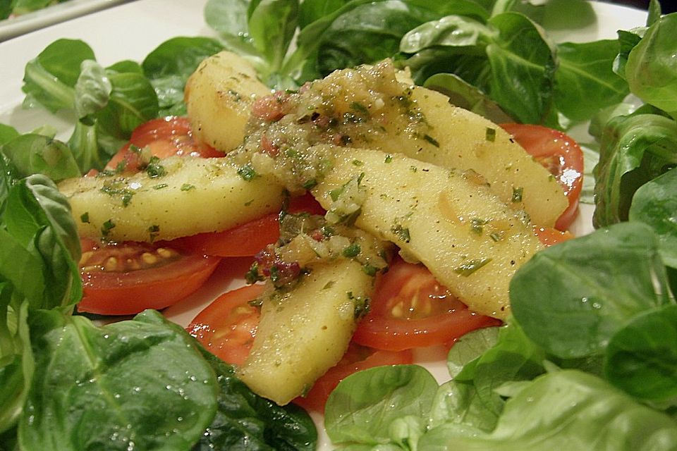 Zarte Apfelscheiben auf Rapunzel - Tomatensalat mit würziger Sauce