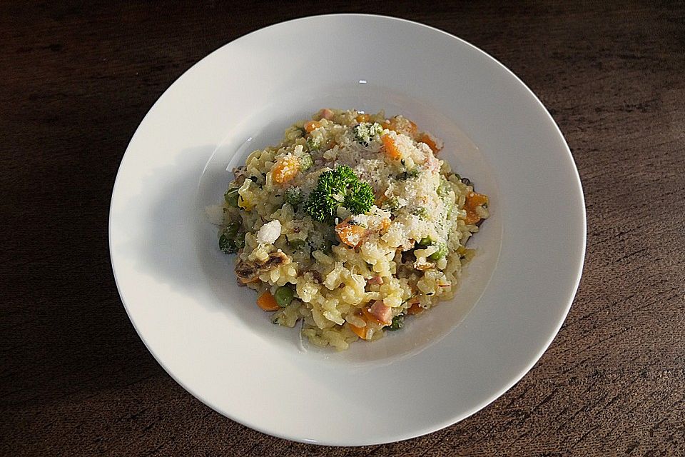 Risotto mit Pilzen, Schinkenspeck und Safran