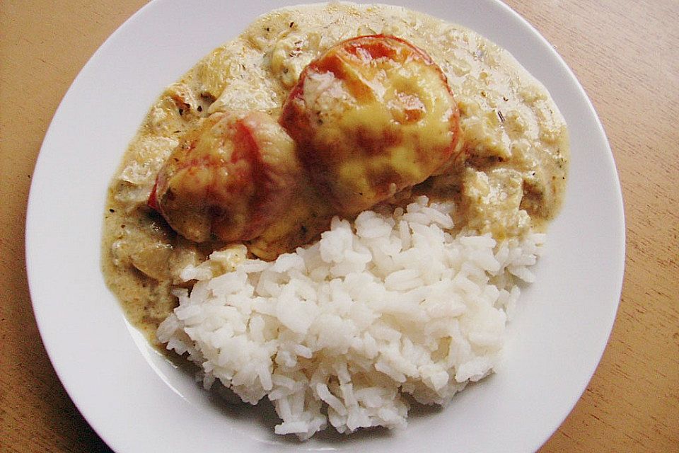 Pute mit Tomaten und Käse überbacken