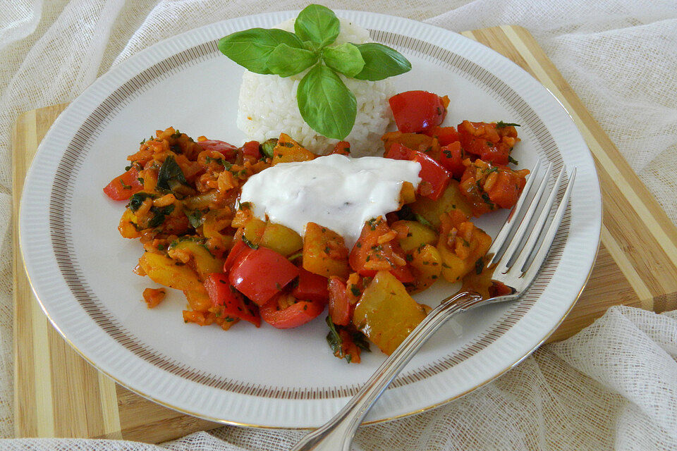 Paprika-Reispfanne mit Joghurtsauce