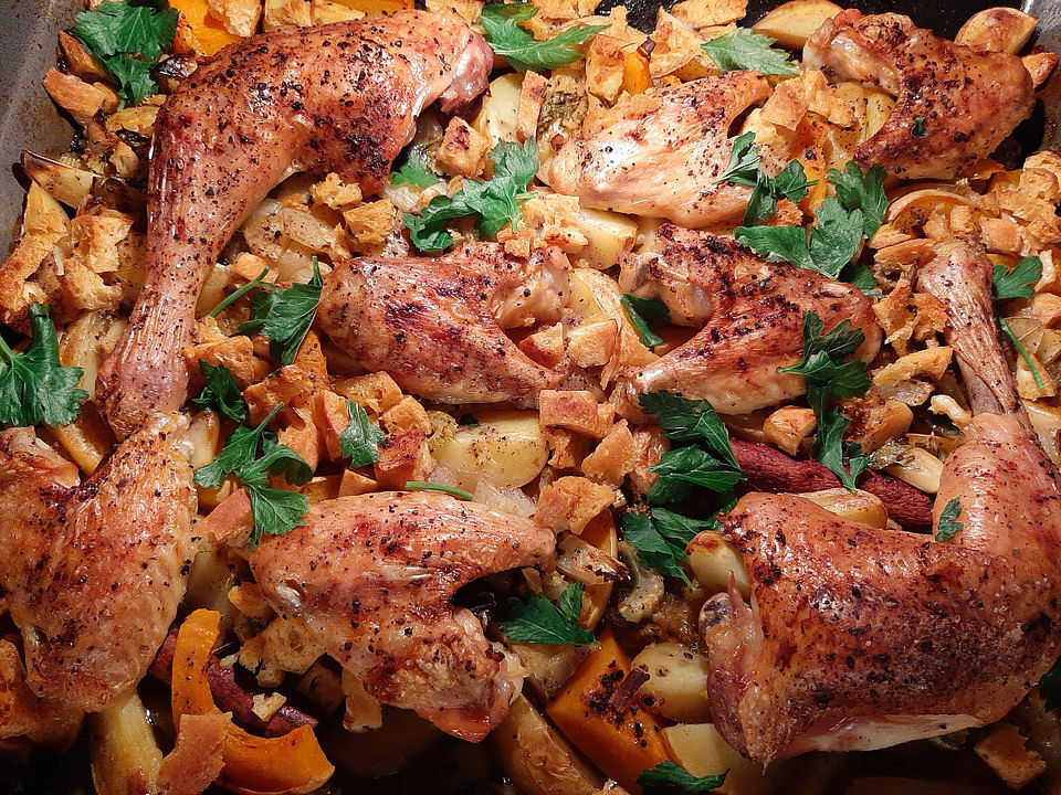Brathähnchen mit Süßkartoffeln und Butternut-Kürbis von HeikeA| Chefkoch