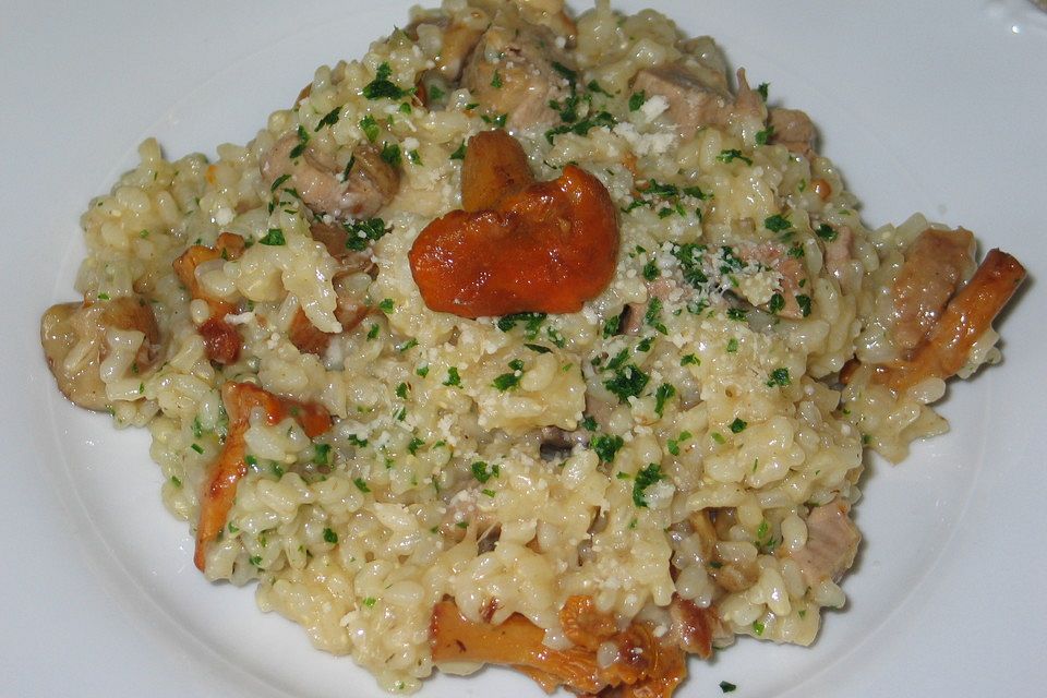 Steinpilz-Pfifferling-Risotto mit Entenfleisch