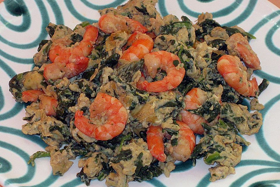 Spinat - Rührei mit Shrimps