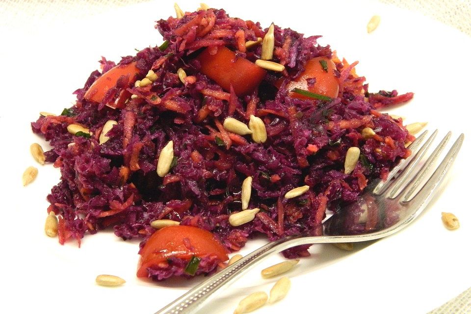 Rotkohlsalat - Rohkost mit Möhre und Tomate