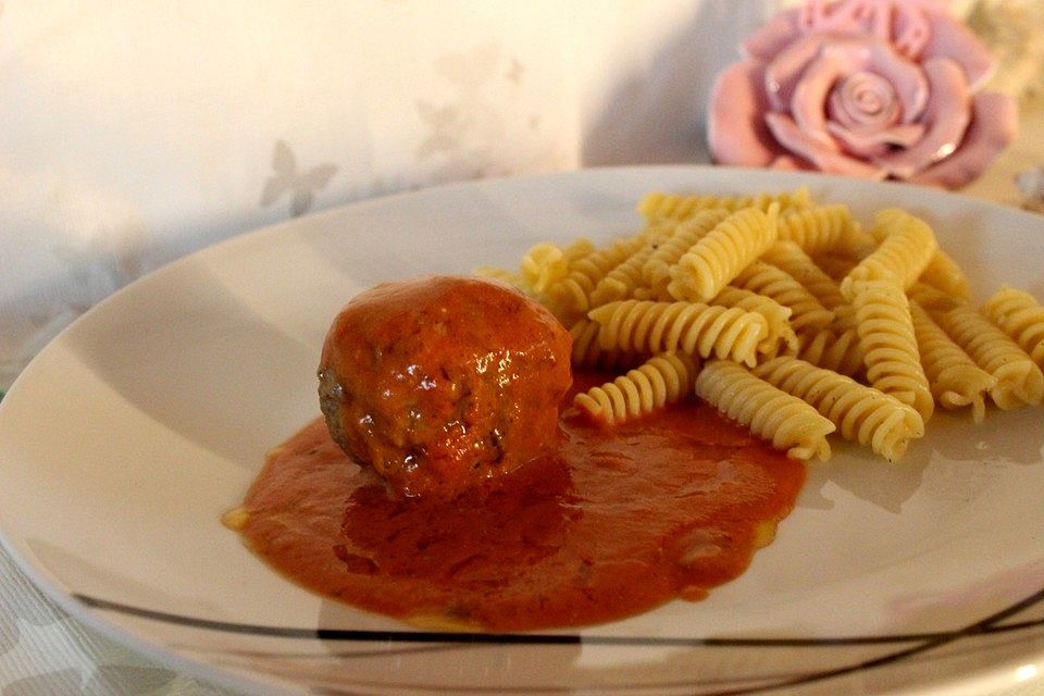 Hackbällchen gefüllt mit Fetakäse in einer Tomatensoße überbacken