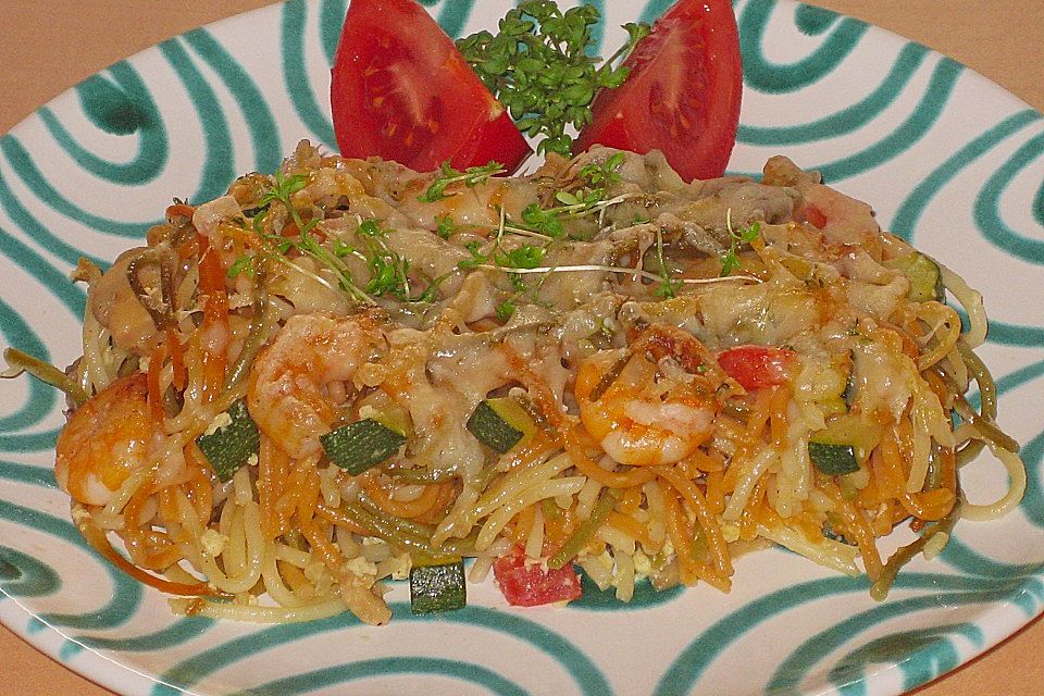 Spaghetti - Gemüse - Auflauf mit Shrimps