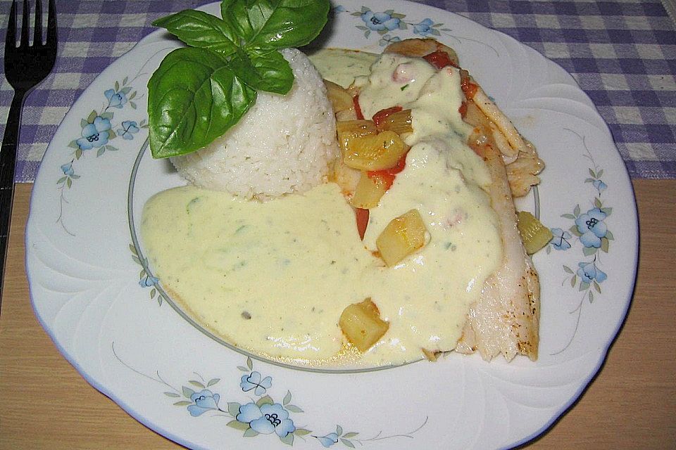 Pangasiusfilet auf Gemüsebett mit Zitronensauce