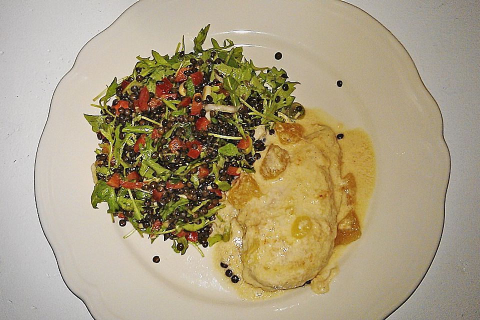 Joghurt Mango Huhn mit Linsensalat