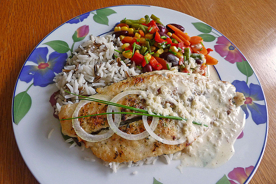 Pangasiusfilet in Weißweinsahnesoße mit Basmati Wildreis