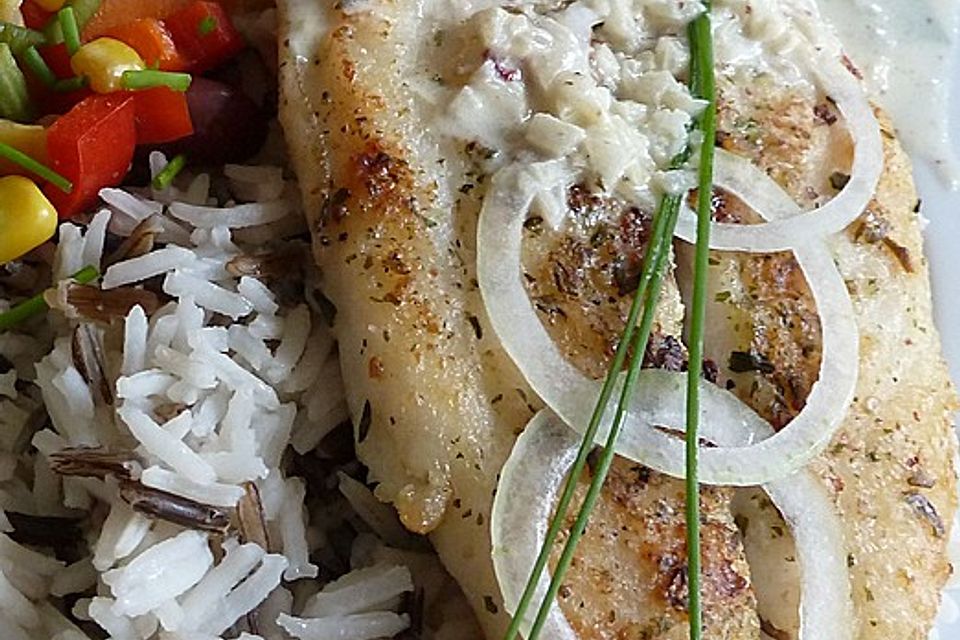 Pangasiusfilet in Weißweinsahnesoße mit Basmati Wildreis