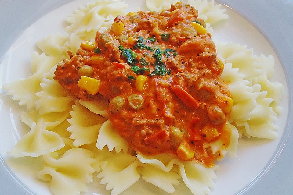 Pasta mit Tomaten-Hackfleisch-Gemüsesauce