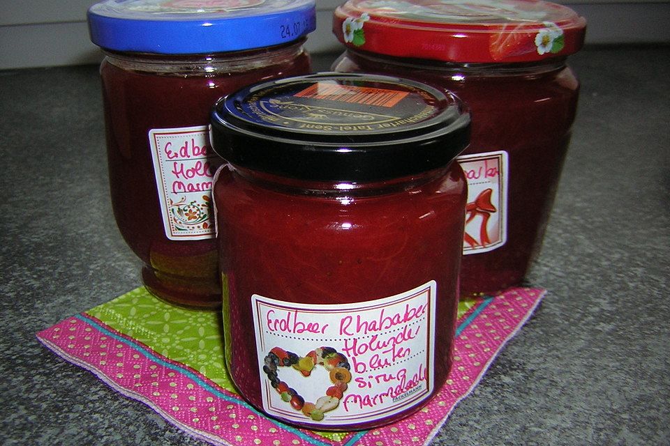 Erdbeer-Rhabarber-Holunderblütensirup Marmelade