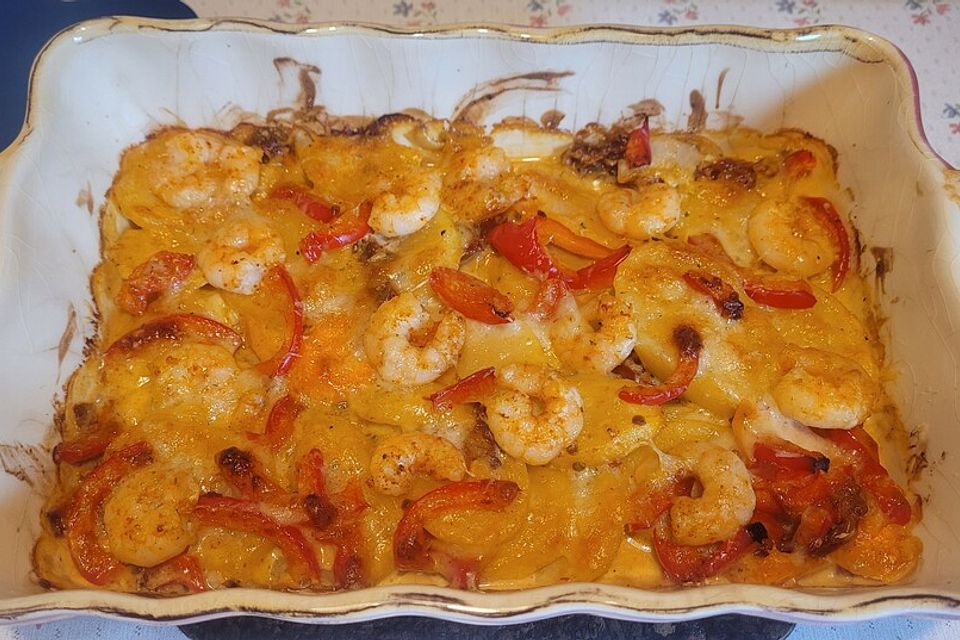 Kartoffel-Karottenauflauf mit Shrimps