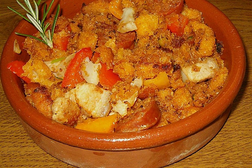 Migas Brotwürfel mit Schweinebauch und Chorizo