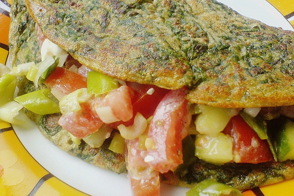 Spinatpfannkuchen mit Tomatensalat