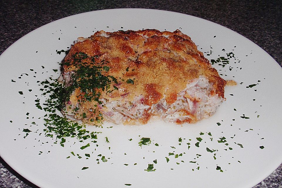 Quarkauflauf mit Schinken und Pilzen