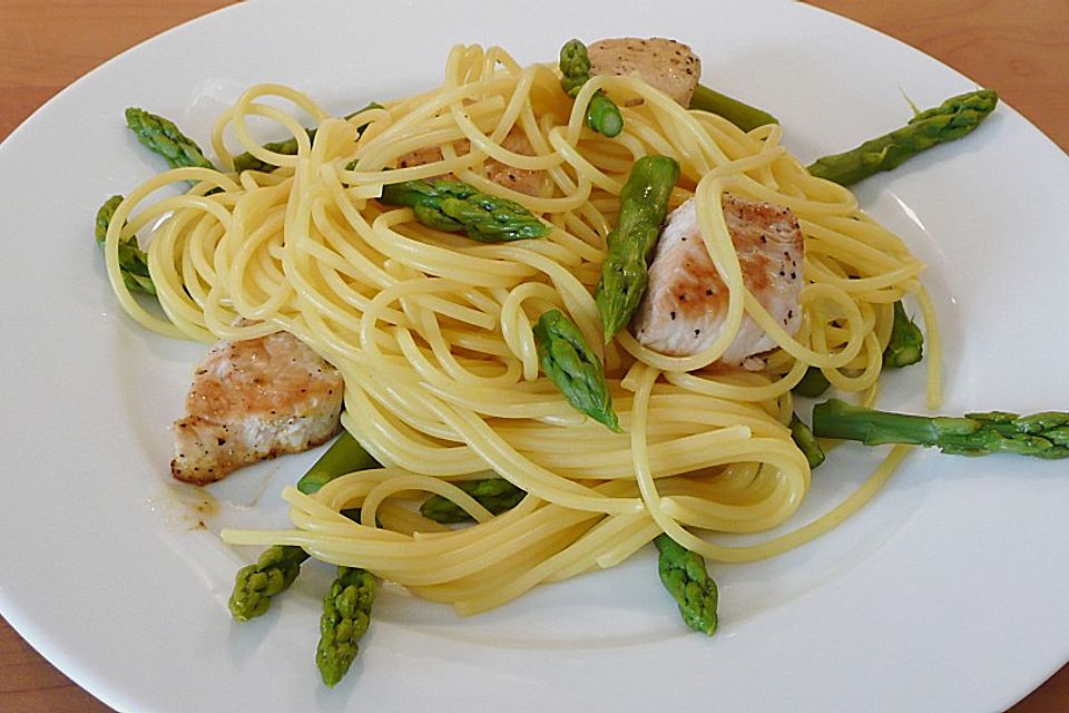 Spaghetti mit grünem Spargel und Putenbrustfilet