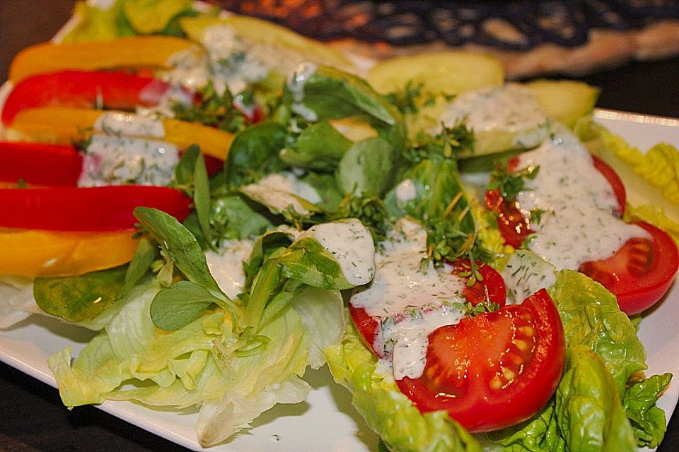 Grüner Salat mit Kräuter-Joghurt Dressing und knusprigen warmen Schafskäse-Croutons