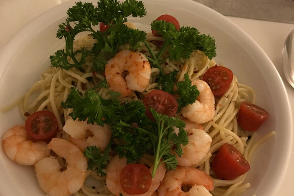 Spaghetti aglio olio e scampi