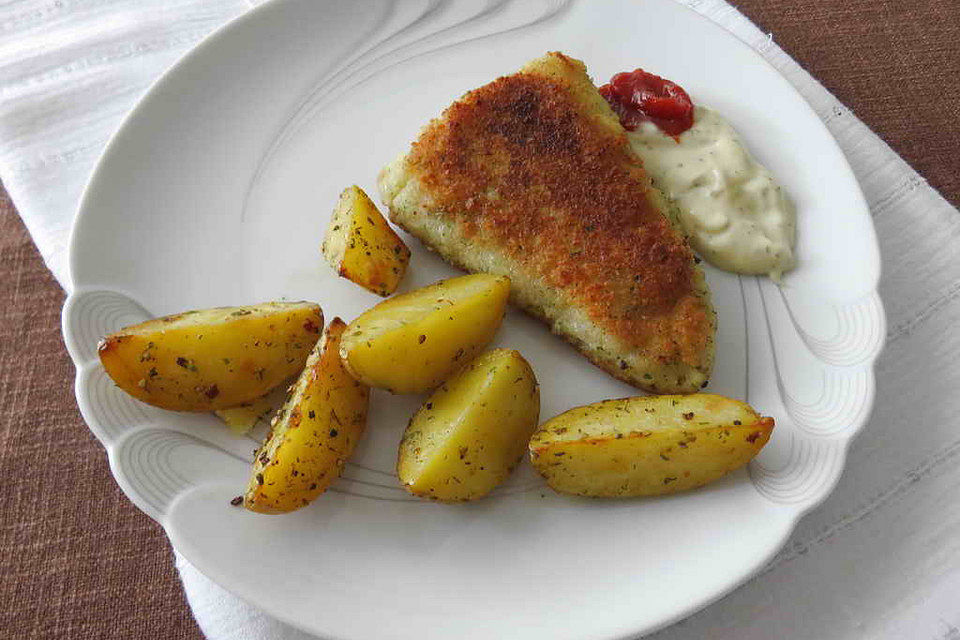 Panierter Seelachs mit Remoulade zu Folienkartoffeln