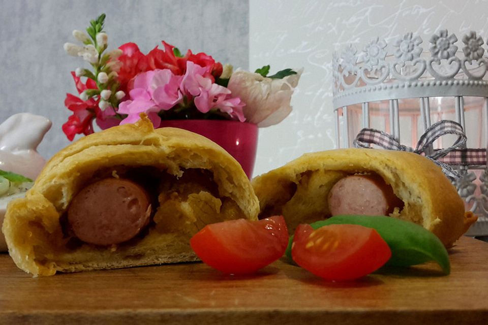 Wurst-Hörnchen mit Röstzwiebeln