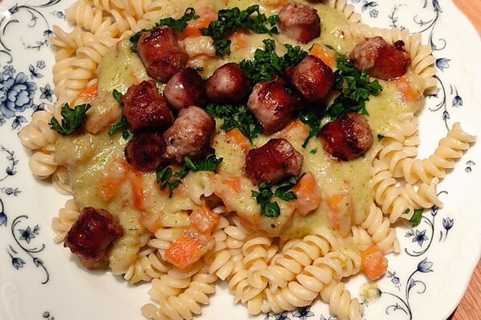 Pasta mit Gemüsesoße und Bratwurstklößchen