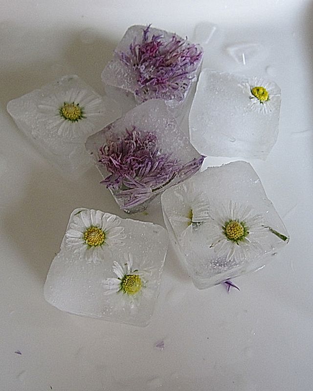 Eiswürfel mit essbaren Blüten und Blättern