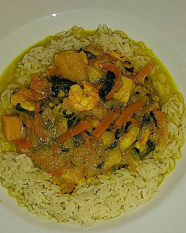 Kürbis-Mango-Curry mit Garnelen
