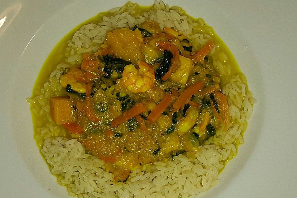 Kürbis-Mango-Curry mit Garnelen