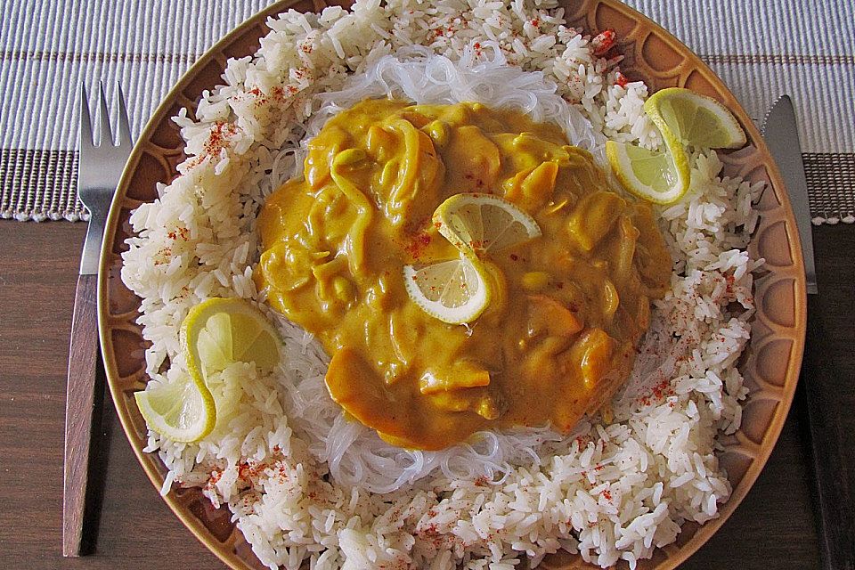 Curry-Huhn mit Sojabohnen-Keimlingen