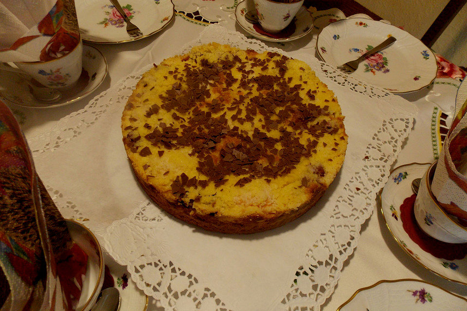 Pfirsich-Kirsch Kuchen mit Rahmguss und Streuseln