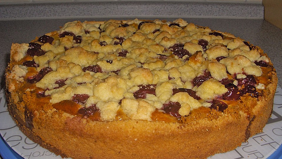 Pfirsich-Kirsch Kuchen mit Rahmguss und Streuseln von Backmäuslein