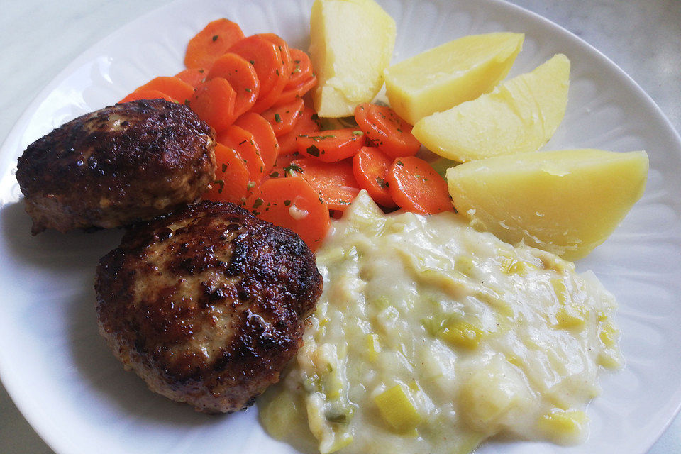 Rahmporree mit Salzkartoffeln und Buletten