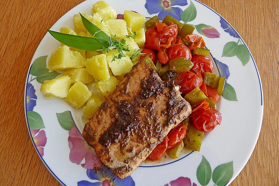 Lachs in Sardellenbutter auf Schmorgemüse à la Gabi