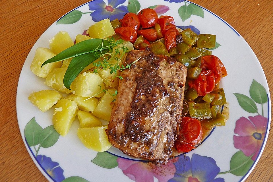 Lachs in Sardellenbutter auf Schmorgemüse à la Gabi