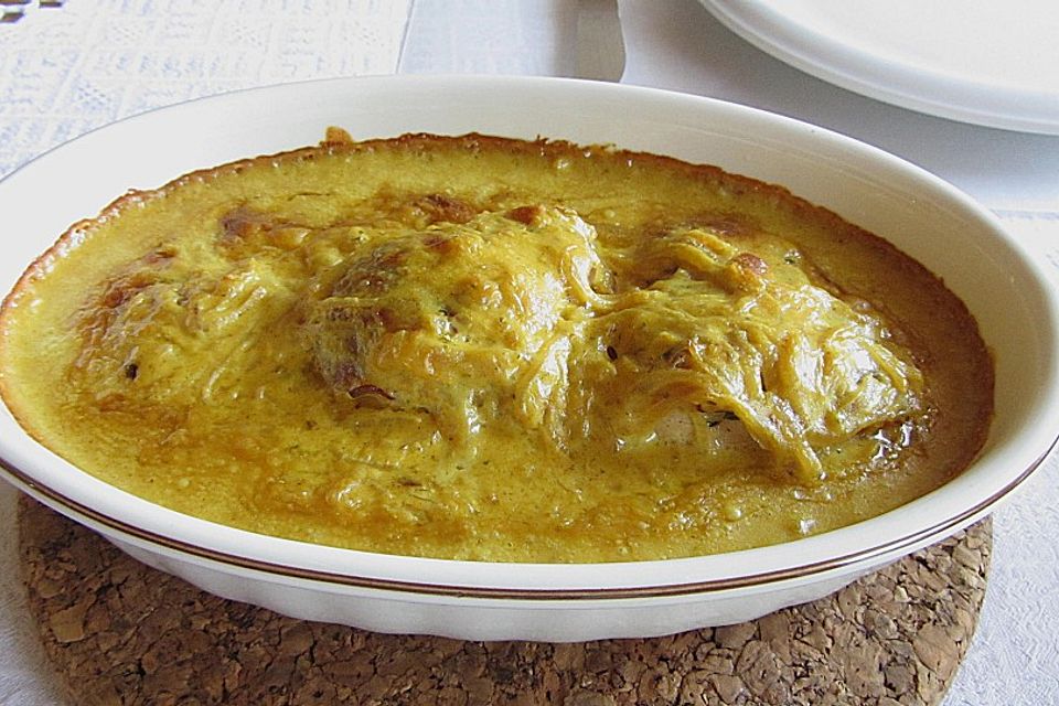 Zwiebel-Sahnehühnchen mit Curry-Knoblauchsoße