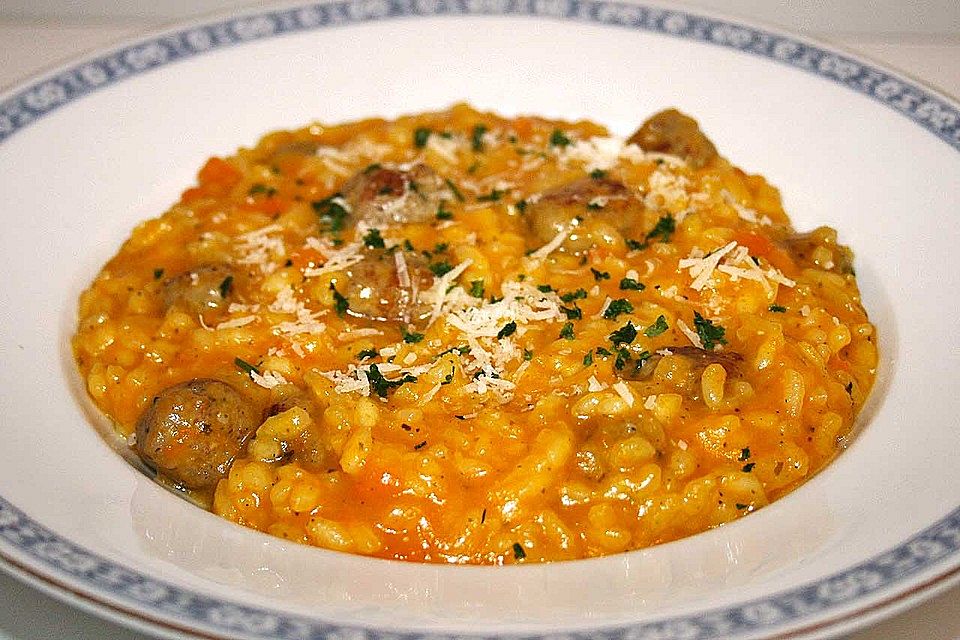 Risotto mit Kürbis und Bratwurst