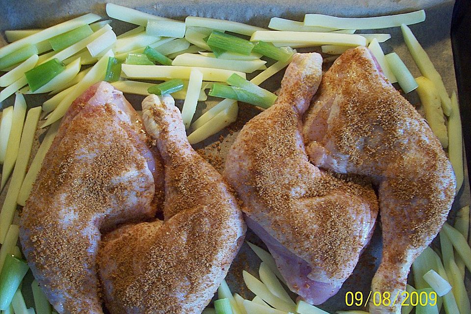 Hähnchen vom Blech mit Kartoffeln und Kräutern