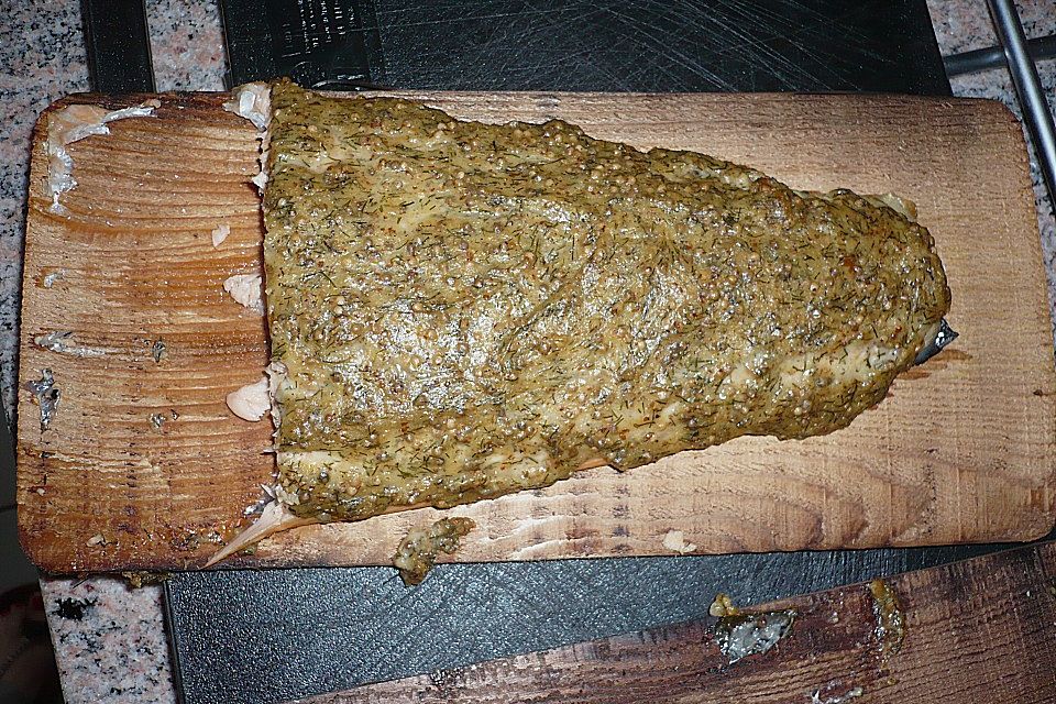 Mustard Salmon on Cedar Wood