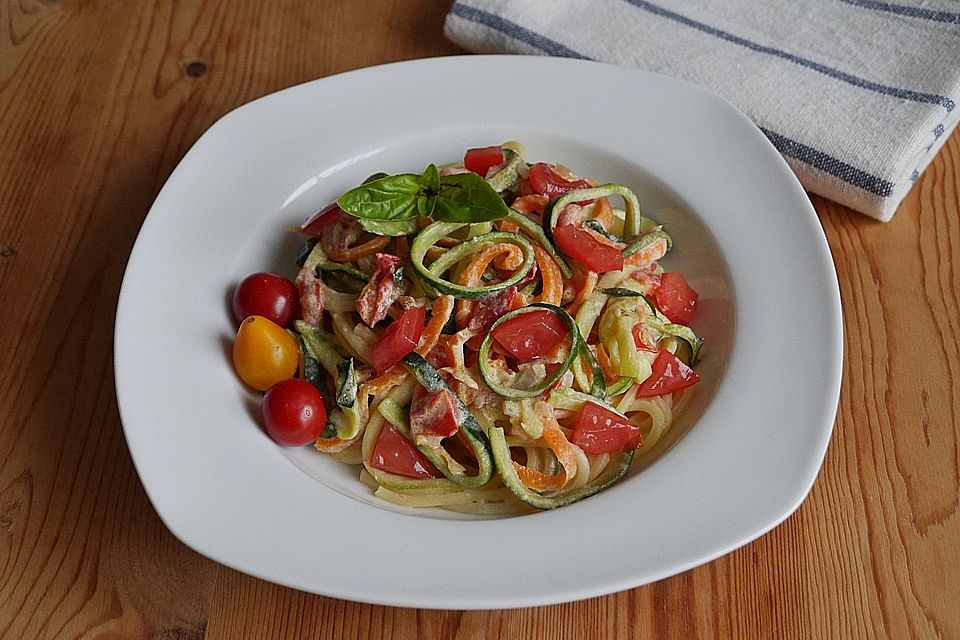 Zucchini-Möhren-Nudeln mit einer cremigen Sauce