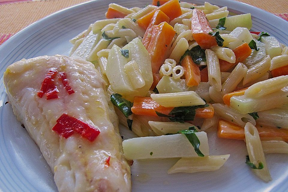 Penne mit Möhren-Kohlrabi-Gemüse und Bärlauchrahm