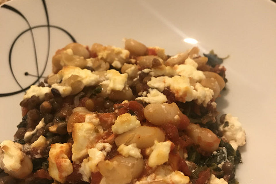 Linsenauflauf mit Spinat und Feta