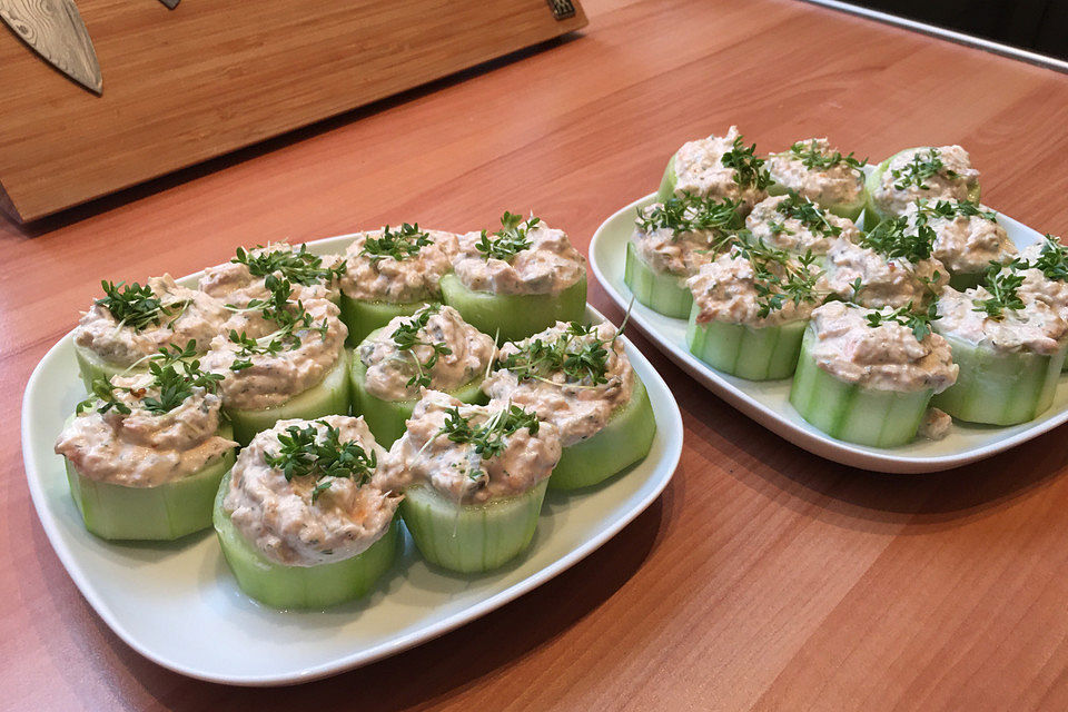 Thunfisch-Kräutercreme in Gurkenbissen